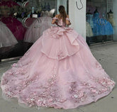 Off-Shoulder Pink Tulle Quinceanera Dress with Floral Appliques & Beaded Ruffles Perfect for Sweet 16 & Graduation Galas